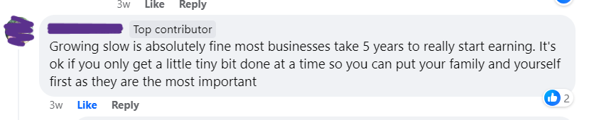 Screenshot of Facebook comment saying most businesses take 5 years to grow, and if you can only do a little bit at a time it's OK because putting your family first is more important
